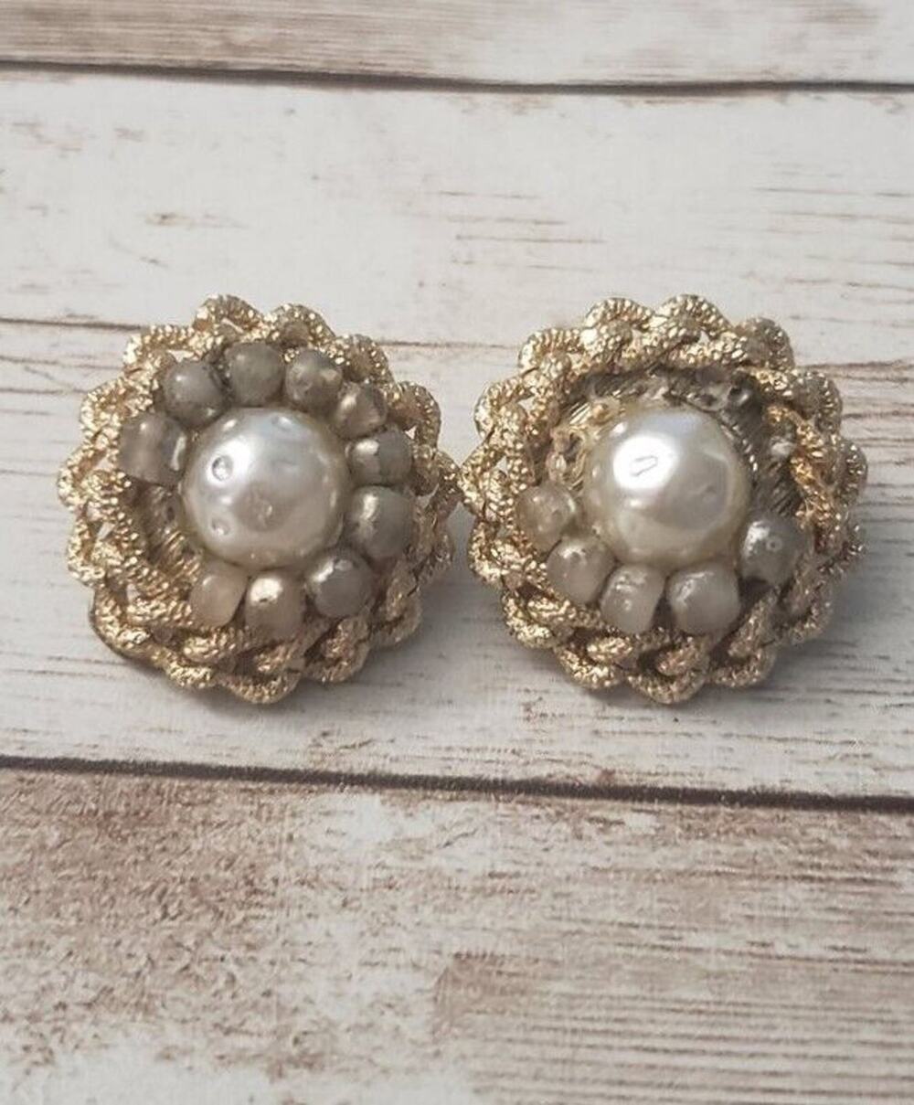 Vintage Clip On Earrings - Unusual - Some Beads Missing